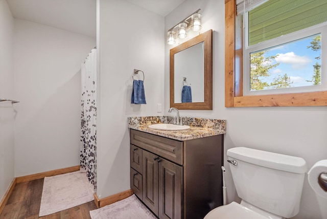 4357 Trumble Creek Rd, Columbia Falls, MT 59912 - full bathroom with vanity, toilet, wood finished floors, baseboards, and a shower with shower curtain