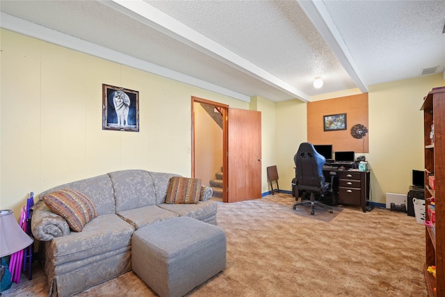 1021 Vallejo Rd, Helena, MT 59602 - home office featuring a textured ceiling, beam ceiling, and carpet floors