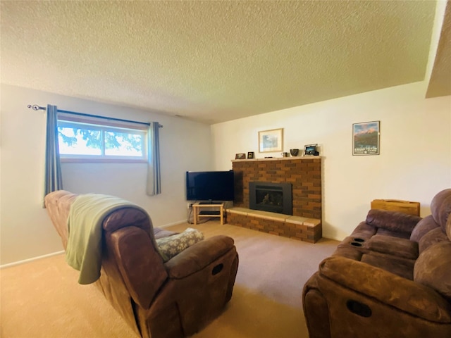 1655 Sunflower Dr, Missoula, MT 59802 - living room with carpet floors, a textured ceiling, a fireplace, and baseboards