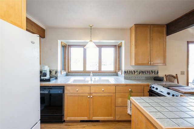 965 Ranch Ln, Kalispell, MT 59901 - kitchen with black dishwasher, freestanding refrigerator, tile countertops, range, and light wood finished floors
