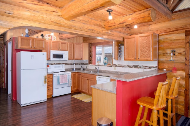 29 Northshore Dr, Troy, MT 59935 - kitchen with white appliances, dark wood finished floors, a peninsula, backsplash, and wooden ceiling with exposed beams