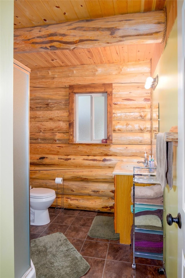 29 Northshore Dr, Troy, MT 59935 - full bathroom with rustic walls, wooden ceiling with exposed beams, toilet, a sink, and tile patterned floors