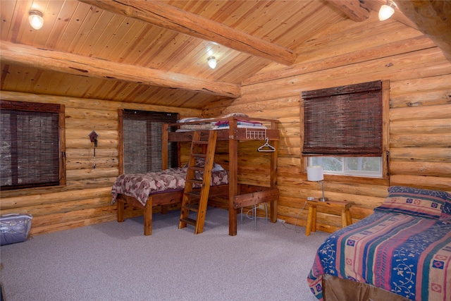 29 Northshore Dr, Troy, MT 59935 - bedroom featuring wooden ceiling, rustic walls, and carpet floors
