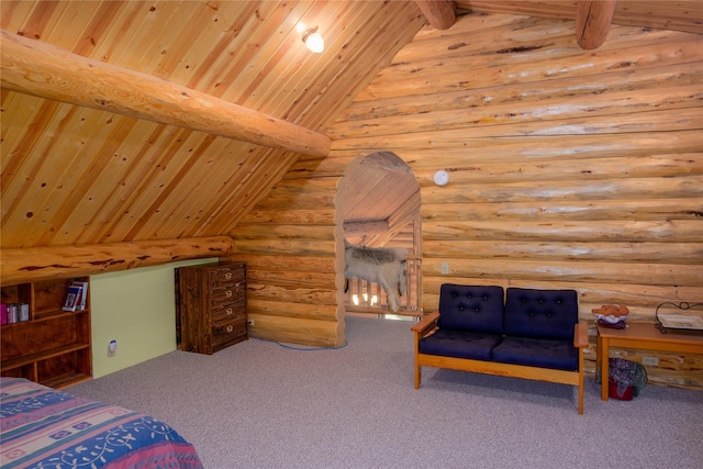 29 Northshore Dr, Troy, MT 59935 - bedroom featuring wood ceiling, carpet flooring, and rustic walls