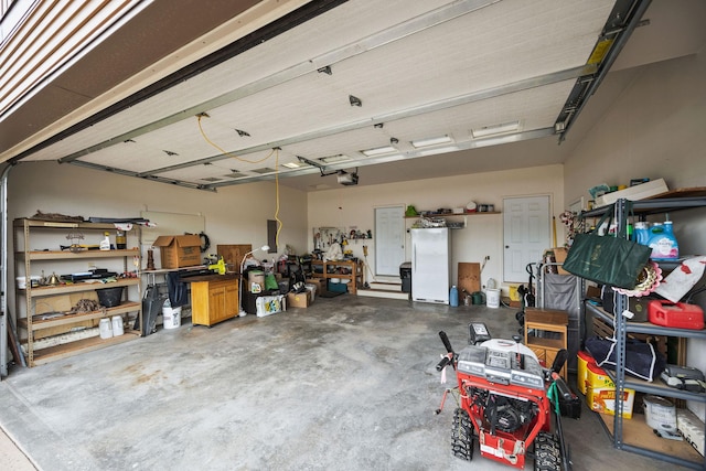 1399 Mackinaw Loop, Somers, MT 59932 - garage with a garage door opener, freestanding refrigerator, and a workshop area