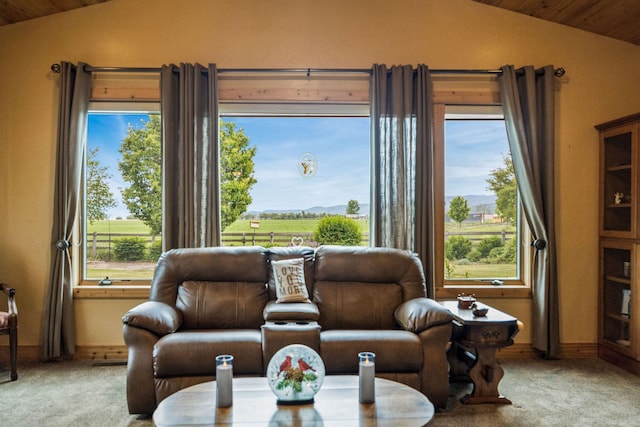 1399 Mackinaw Loop, Somers, MT 59932 - living room featuring vaulted ceiling, carpet, and wood ceiling