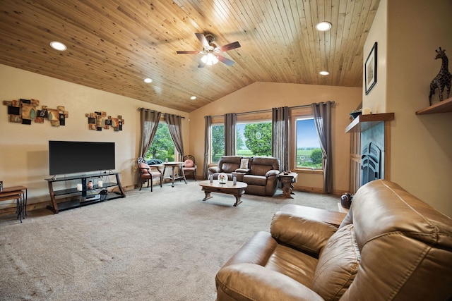 1399 Mackinaw Loop, Somers, MT 59932 - living room featuring carpet, lofted ceiling, a ceiling fan, wooden ceiling, and recessed lighting