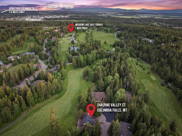 244 Pine Valley Ct, Columbia Falls, MT 59912 - aerial view at dusk of golf course view, a view of trees, and a water and mountain view