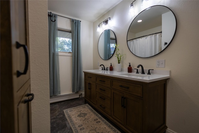 1511 E Broadway St, Helena, MT 59601 - full bath featuring a baseboard heating unit, double vanity, curtained shower, and marble finish floors