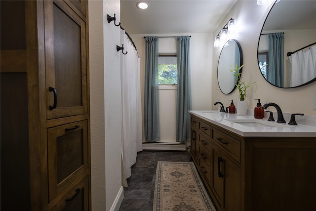 1511 E Broadway St, Helena, MT 59601 - full bath featuring a baseboard heating unit, double vanity, curtained shower, and recessed lighting