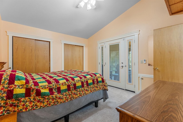 238 Red Fox Rd, Lolo, MT 59847 - carpeted bedroom with access to outside, lofted ceiling, two closets, and ceiling fan