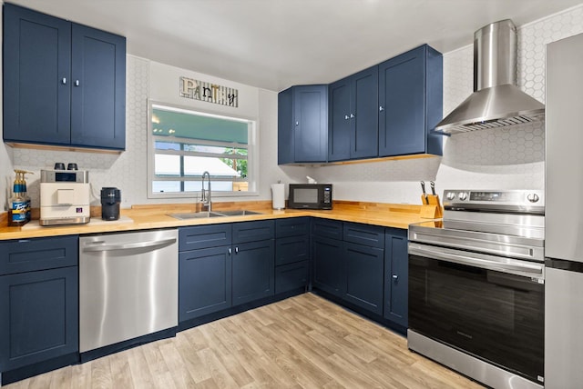 1108 4th Ave W, Columbia Falls, MT 59912 - kitchen with stainless steel appliances, wall chimney exhaust hood, a sink, blue cabinetry, and butcher block counters