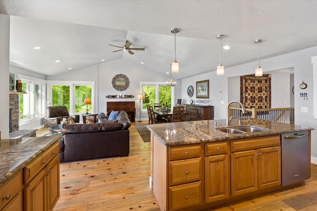 34777 Compass Ln, Polson, MT 59860 - kitchen featuring a sink, stainless steel dishwasher, light wood-style floors, a ceiling fan, and lofted ceiling