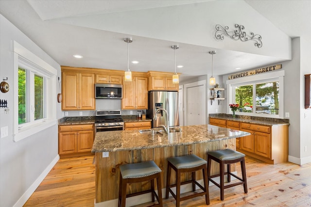 34777 Compass Ln, Polson, MT 59860 - kitchen with stainless steel appliances, a sink, baseboards, light wood finished floors, and recessed lighting