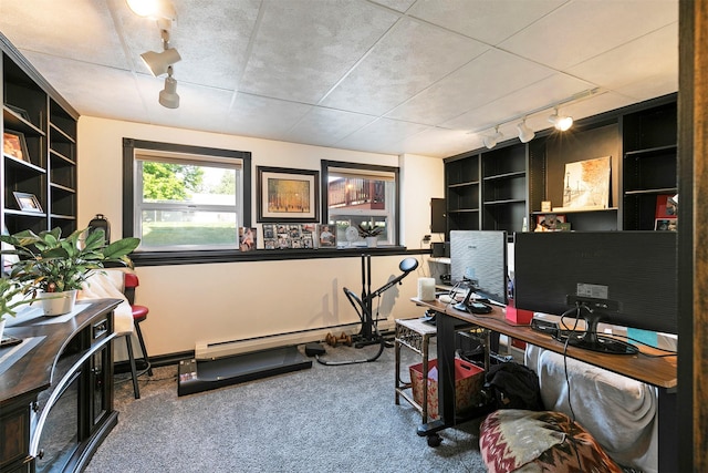 239 Essex St, Lolo, MT 59847 - office area featuring rail lighting, built in features, carpet floors, and baseboard heating