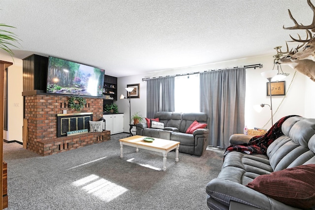 239 Essex St, Lolo, MT 59847 - living room with a textured ceiling, carpet, and a brick fireplace