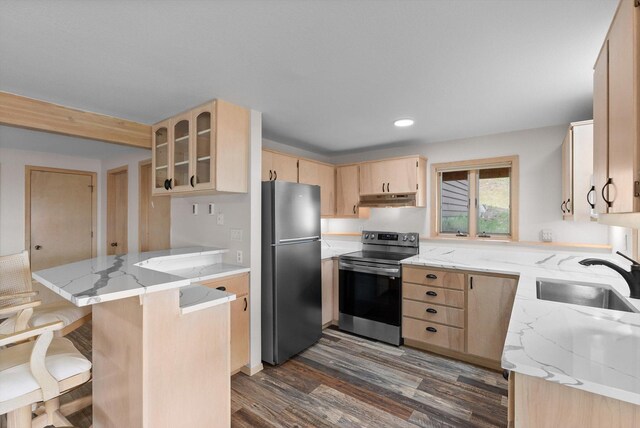 35280 Bennington Ln, Polson, MT 59860 - kitchen featuring freestanding refrigerator, stainless steel range with electric cooktop, light brown cabinetry, a sink, and recessed lighting