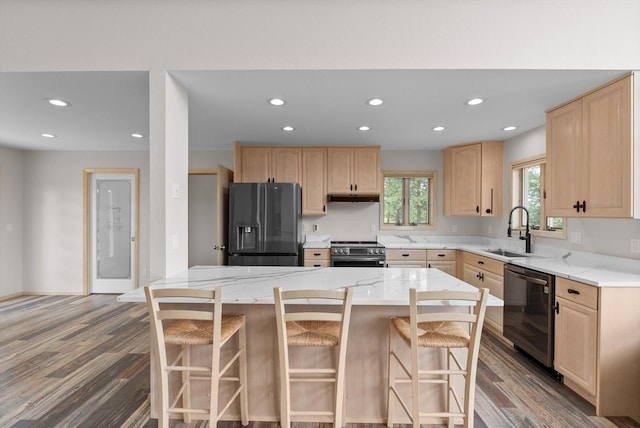 35280 Bennington Ln, Polson, MT 59860 - kitchen featuring stainless steel appliances, light brown cabinets, a sink, dark wood-type flooring, and recessed lighting