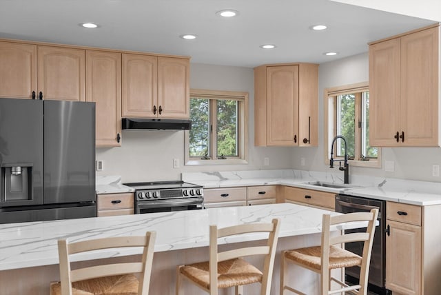 35280 Bennington Ln, Polson, MT 59860 - kitchen with light brown cabinets, stainless steel appliances, a sink, under cabinet range hood, and plenty of natural light