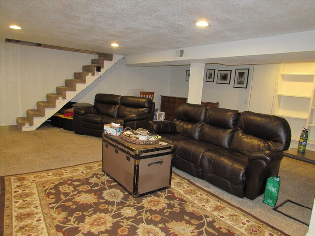 706 49th St S, Great Falls, MT 59405 - carpeted living area featuring a textured ceiling, stairs, and recessed lighting