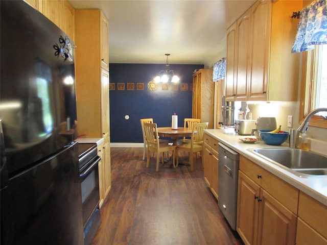 706 49th St S, Great Falls, MT 59405 - kitchen featuring black appliances, light countertops, a sink, a chandelier, and dark wood-type flooring
