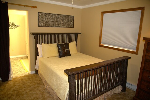 189 Dawn Dr, Columbia Falls, MT 59912 - bedroom featuring a baseboard radiator, crown molding, and carpet flooring
