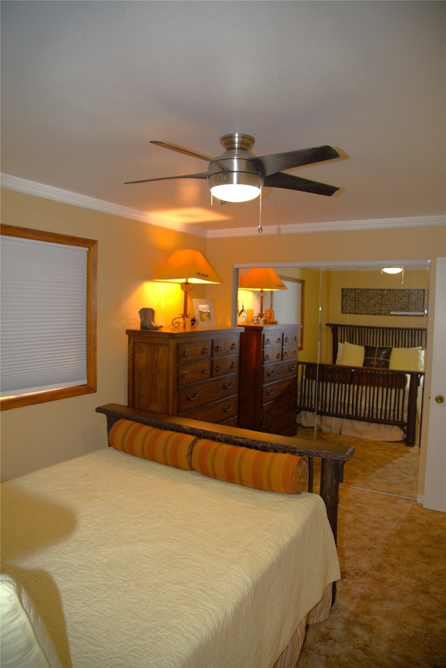 189 Dawn Dr, Columbia Falls, MT 59912 - carpeted bedroom with crown molding and ceiling fan