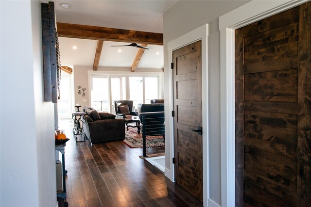 8138 Ranch Club Rd, Missoula, MT 59808 - hallway with dark wood finished floors, beamed ceiling, and recessed lighting