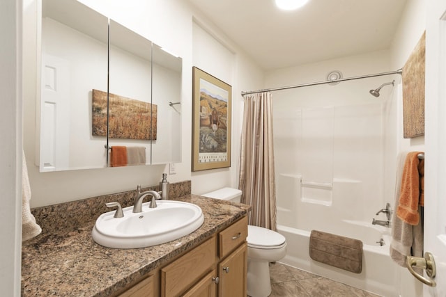 10190 Kona Ranch Rd, Missoula, MT 59808 - bathroom with toilet, shower / tub combo with curtain, vanity, and tile patterned floors