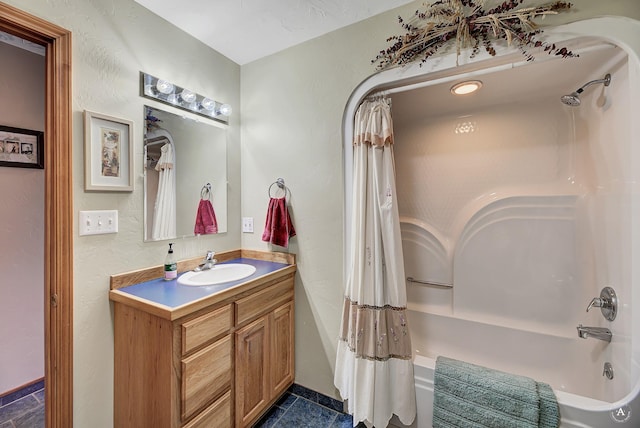 3380 Moulton Reservoir Rd, Butte, MT 59701 - full bath featuring vanity, shower / bath combo, baseboards, and tile patterned floors