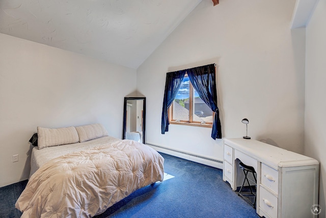 3380 Moulton Reservoir Rd, Butte, MT 59701 - bedroom with baseboard heating, dark carpet, lofted ceiling, and an office area