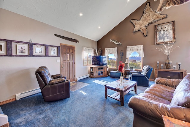 3380 Moulton Reservoir Rd, Butte, MT 59701 - living room featuring a baseboard radiator, carpet, high vaulted ceiling, baseboards, and recessed lighting