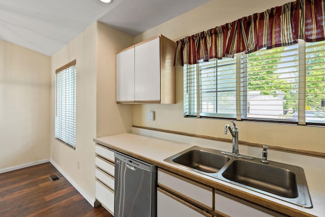 2249 Canvasback Ct, Kalispell, MT 59901 - kitchen featuring dishwasher, a sink, white cabinets, light countertops, and dark wood-type flooring