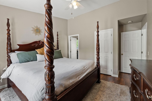 2249 Canvasback Ct, Kalispell, MT 59901 - bedroom featuring dark wood-type flooring, baseboards, and a ceiling fan