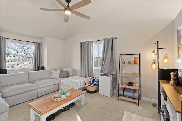 119 Barron Way, Kalispell, MT 59901 - living area with healthy amount of natural light, light colored carpet, ceiling fan, and lofted ceiling