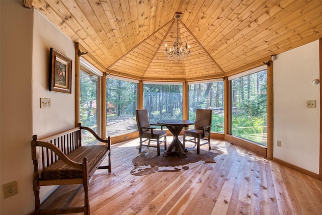 1062 Bear Creek Trl, Victor, MT 59875 - sunroom / solarium featuring wooden ceiling, hardwood / wood-style flooring, a chandelier, lofted ceiling, and expansive windows