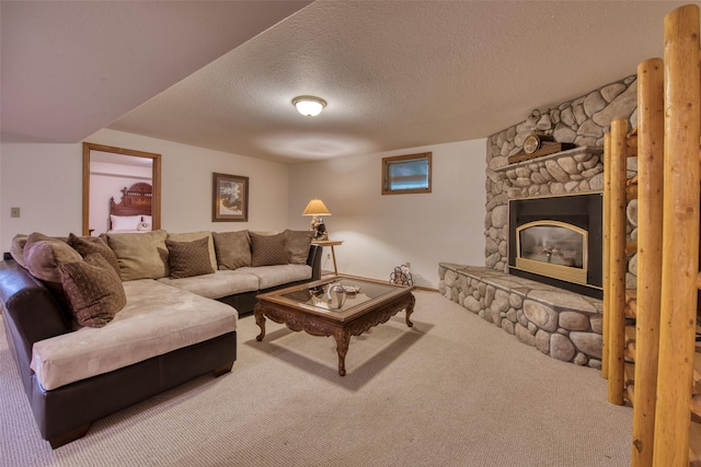 1062 Bear Creek Trl, Victor, MT 59875 - carpeted living area featuring a textured ceiling and a fireplace