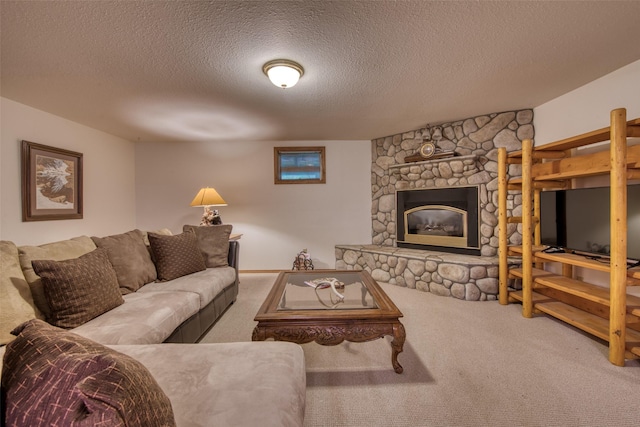 1062 Bear Creek Trl, Victor, MT 59875 - living area with carpet flooring, a stone fireplace, and a textured ceiling