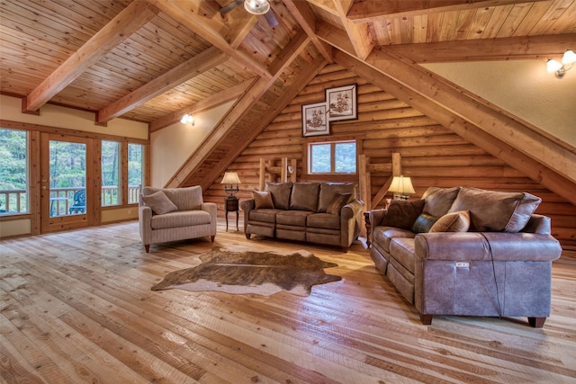1062 Bear Creek Trl, Victor, MT 59875 - living area featuring log walls, hardwood / wood-style flooring, and wood ceiling