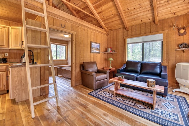 1062 Bear Creek Trl, Victor, MT 59875 - living area featuring wood ceiling, plenty of natural light, light wood-style floors, and wooden walls