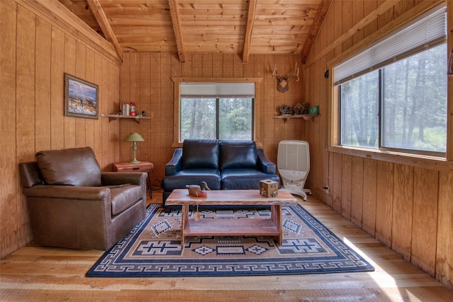1062 Bear Creek Trl, Victor, MT 59875 - living room with wood-type flooring, wood walls, and wooden ceiling