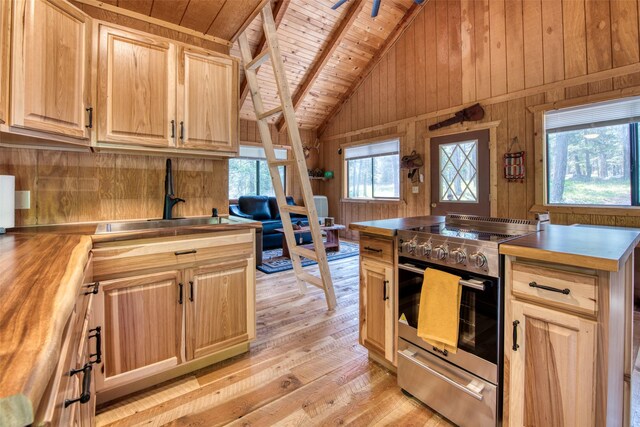 1062 Bear Creek Trl, Victor, MT 59875 - kitchen with electric range, wood ceiling, wooden walls, light wood-style floors, and light brown cabinetry