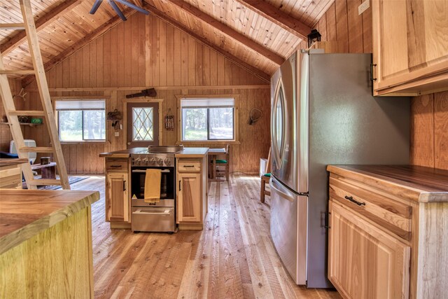 1062 Bear Creek Trl, Victor, MT 59875 - kitchen featuring stainless steel appliances, wooden walls, light wood-style flooring, plenty of natural light, and wooden ceiling