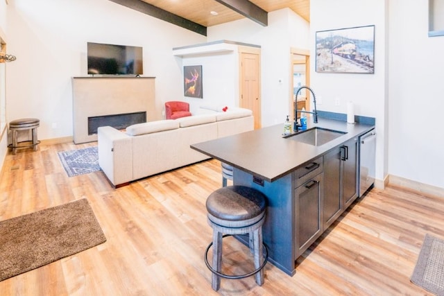 1331 Nelson Lane Cabins H & I, Whitefish, MT 59937 - kitchen with a sink, dishwasher, light wood-style flooring, a kitchen breakfast bar, and a fireplace