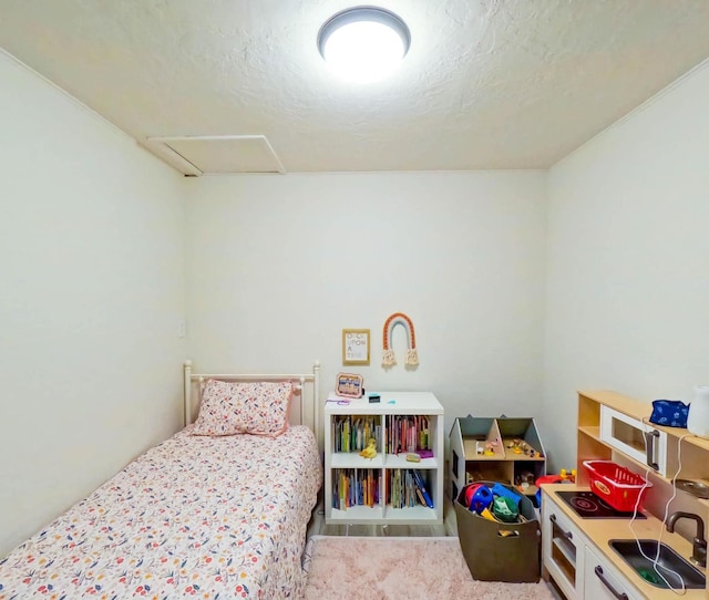 1203 1st St E, Polson, MT 59860 - bedroom featuring attic access, a sink, and a textured ceiling