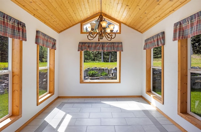 1065 Evergreen Dr, Seeley Lake, MT 59868 - unfurnished sunroom featuring vaulted ceiling, wood ceiling, a chandelier, and tile patterned floors