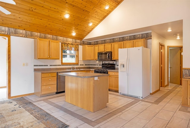 1065 Evergreen Dr, Seeley Lake, MT 59868 - kitchen with black appliances, high vaulted ceiling, a center island, recessed lighting, and wooden ceiling