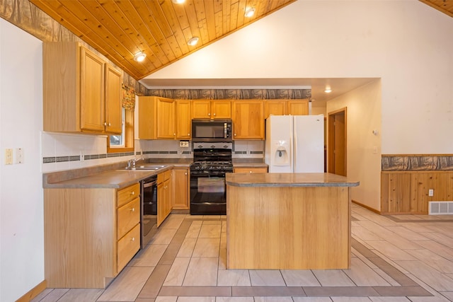 1065 Evergreen Dr, Seeley Lake, MT 59868 - kitchen featuring black range with gas cooktop, white refrigerator with ice dispenser, dishwasher, wooden ceiling, and a center island