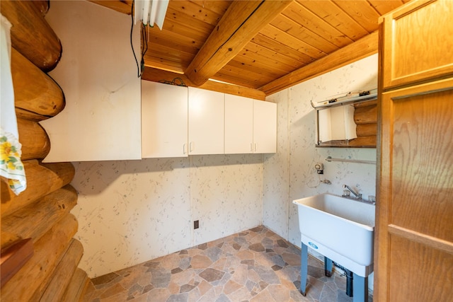 137 Amber Rd, Troy, MT 59935 - laundry room with wooden ceiling, stone floors, and a sink