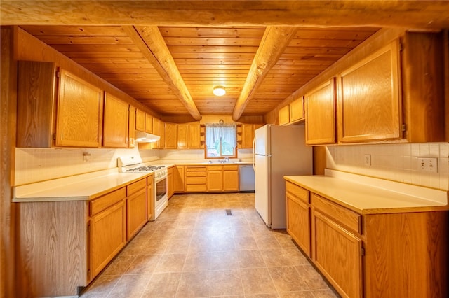 137 Amber Rd, Troy, MT 59935 - kitchen featuring white appliances, wood ceiling, under cabinet range hood, light countertops, and decorative backsplash